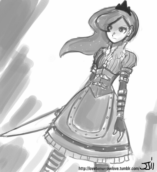 Size: 914x1000 | Tagged: alice in wonderland, alice madness returns, alice:madness returns, american mcgee's alice, artist:johnjoseco, ask gaming princess luna, crossover, derpibooru import, grayscale, human, humanized, monochrome, princess luna, safe, solo, vorpal blade, weapon