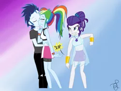 Size: 1024x768 | Tagged: safe, artist:ilaria122, derpibooru import, rainbow dash, rarity, soarin', equestria girls, clothes, compression shorts, draw the squad, equestria girls-ified, female, hair bun, high five, low five, male, midriff, ponytail, ripped pants, see-through, shipping, skirt, soarindash, straight