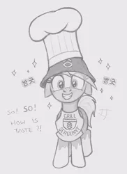 Size: 1027x1410 | Tagged: safe, artist:lockerobster, derpibooru import, ponified, ponified:sgt. reckless, pony, apron, chef's hat, clothes, female, floppy ears, hat, helmet, korean, mare, monochrome, pun, solo, sparkling, traditional art, warpone