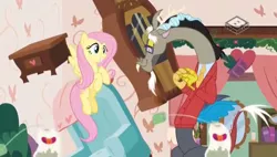 Size: 704x400 | Tagged: safe, derpibooru import, screencap, discord, fluttershy, draconequus, pegasus, pony, discordant harmony, blanket, boomerang (tv channel), bush, candle, chair, clothes, curtains, cute, discord's house, discute, dresser, female, flower, flying, ginseng teabags, glasses, grandfather clock, grin, heart, levitation, magic, mare, mirror, necktie, pants, shyabetes, singing, smiling, suit, teabag, telekinesis