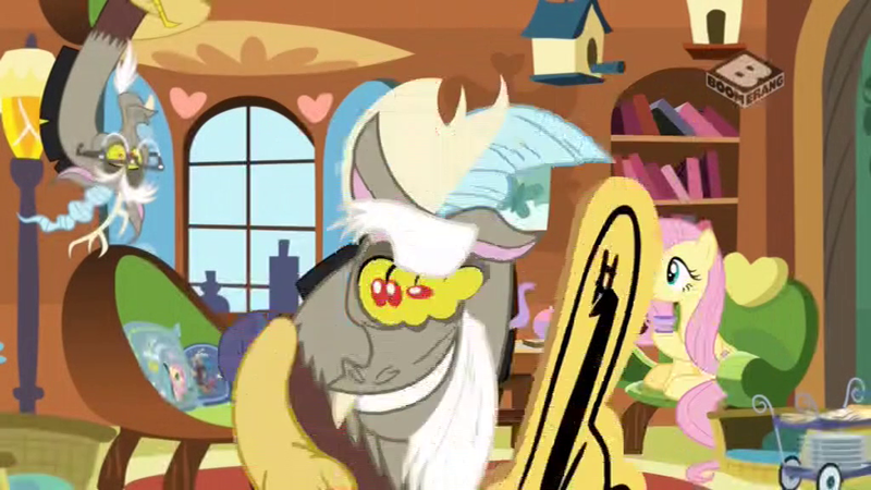 Size: 1024x576 | Tagged: safe, derpibooru import, screencap, discord, fluttershy, pony, discordant harmony, #1, boomerang (tv channel), faic, great moments in animation, smear frame, wat