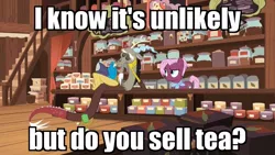 Size: 1024x576 | Tagged: safe, derpibooru import, edit, edited screencap, screencap, discord, jasmine leaf, draconequus, earth pony, pony, discordant harmony, boomerang (tv channel), caption, food, image macro, meme, tea, tea shop, text