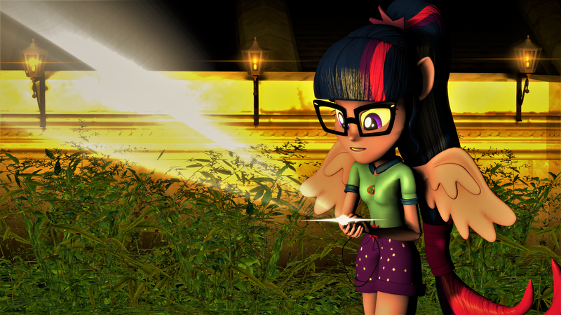 Size: 3840x2160 | Tagged: safe, artist:dj-chopin, derpibooru import, sci-twi, twilight sparkle, equestria girls, legend of everfree, 3d, clothes, flashlight (object), glasses, magic, ponied up, scitwilicorn, shirt, shorts, solo, source filmmaker, wings