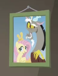 Size: 262x341 | Tagged: safe, derpibooru import, screencap, discord, fluttershy, pony, discordant harmony, bunny ears, bunny ears (gesture), cropped, cute, discute, picture frame, shyabetes