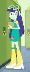 Size: 193x462 | Tagged: safe, derpibooru import, screencap, blueberry cake, equestria girls, equestria girls (movie), book, boots, cropped, cupcake, female, food, glasses, high heel boots, lockers, looking at you, notebook, shoes, solo