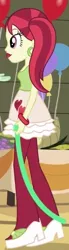 Size: 137x498 | Tagged: safe, derpibooru import, screencap, rose heart, equestria girls, equestria girls (movie), balloon, bracelet, clothes, corn, cropped, ear piercing, earring, female, food, grapes, heart, high heels, jewelry, piercing, shoes, skirt, solo focus, streamers, table