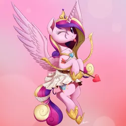 Size: 1280x1280 | Tagged: safe, artist:ncmares, derpibooru import, princess cadance, alicorn, pony, :p, arrow, bow (weapon), bow and arrow, cupid, cupidance, cute, cutedance, female, flying, looking at you, mare, one eye closed, smiling, solo, spread wings, tongue out, watermark, weapon, wings, wink
