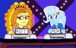 Size: 1123x711 | Tagged: safe, artist:ktd1993, derpibooru import, adagio dazzle, match game, trixie, equestria girls, female, lesbian, match game (game show), shipping, triagio