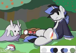 Size: 1280x903 | Tagged: safe, artist:zerothebrony, derpibooru import, oc, unofficial characters only, goomy, pony, unicorn, bag, clothes, jacket, male, pokéball, pokémon, reference sheet, solo