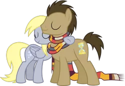 Size: 9254x6400 | Tagged: safe, artist:parclytaxel, derpibooru import, derpy hooves, doctor whooves, time turner, earth pony, pegasus, pony, slice of life (episode), .svg available, absurd resolution, clothes, eyes closed, female, fourth doctor's scarf, hug, male, mare, scarf, shipping fuel, simple background, stallion, tom baker's scarf, transparent background, vector