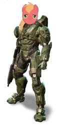 Size: 607x1311 | Tagged: safe, derpibooru import, big macintosh, earth pony, pony, armor, big chief, crossover, frown, gun, halo (series), halo 4, male, master chief, powered exoskeleton, stallion, weapon