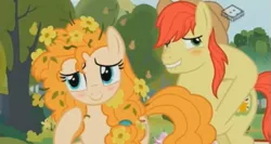 Size: 875x464 | Tagged: safe, derpibooru import, screencap, bright mac, pear butter, pony, the perfect pear, blushing, boomerang (tv channel), brightbutter, female, flower, lip bite, male, pear tree, shipping, straight, tree