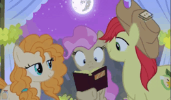 Size: 687x400 | Tagged: safe, derpibooru import, screencap, bright mac, mayor mare, pear butter, pony, the perfect pear, animated, boomerang (tv channel), brightbutter, female, gif, kissing, male, mare in the moon, marriage, moon, non-dyed mayor, shipping, straight, wedding, younger