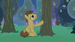 Size: 809x455 | Tagged: safe, derpibooru import, screencap, grand pear, earth pony, pony, the perfect pear, animated, boomerang (tv channel), cargo ship, food, gif, hug, kissing, male, orchard, pear, pear orchard, pear tree, shipping, siki, stallion, tree