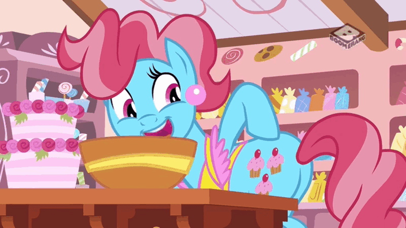 Size: 809x455 | Tagged: safe, derpibooru import, screencap, cup cake, pony, the perfect pear, animated, boomerang (tv channel), butt, gif, look at my ass, out of context, plot, pointing, sugarcube corner