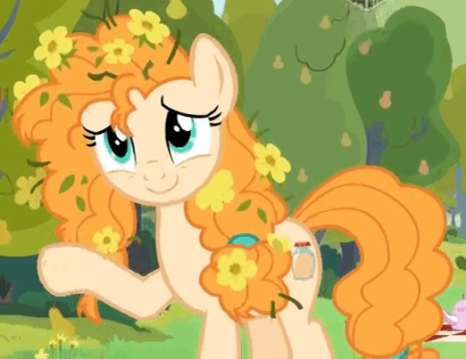 Size: 522x403 | Tagged: safe, derpibooru import, screencap, pear butter, pony, the perfect pear, animated, boomerang (tv channel), cropped, cute, flower, flower in hair, gif, messy mane, pear tree, pearabetes, solo, tree, waving