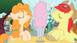 Size: 809x455 | Tagged: safe, derpibooru import, screencap, bright mac, pear butter, pony, the perfect pear, accidental kiss, animated, boomerang (tv channel), brightbutter, female, gif, lady and the tramp, male, milkshake, sharing a drink, shipping, spaghetti scene, straight