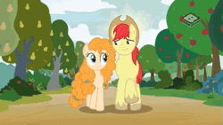 Size: 655x369 | Tagged: safe, derpibooru import, screencap, bright mac, pear butter, pony, the perfect pear, animated, apple, apple tree, autumn, blushing, boomerang (tv channel), brightbutter, clothes, female, four seasons, gif, male, pear tree, scarf, seasons, shared clothing, shared scarf, shipping, spring, straight, summer, time lapse, tree, winter