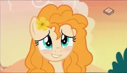 Size: 1245x720 | Tagged: safe, derpibooru import, screencap, pear butter, pony, the perfect pear, blushing, boomerang (tv channel), cute, flower, flower in hair, pearabetes, smiling, solo