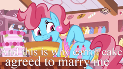 Size: 809x455 | Tagged: safe, derpibooru import, edit, edited screencap, screencap, cup cake, pony, the perfect pear, animated, boomerang (tv channel), butt, caption, chubby, chubby chaser, cup butt, gif, image, image macro, look at my ass, meme, plot, pointing, solo, text