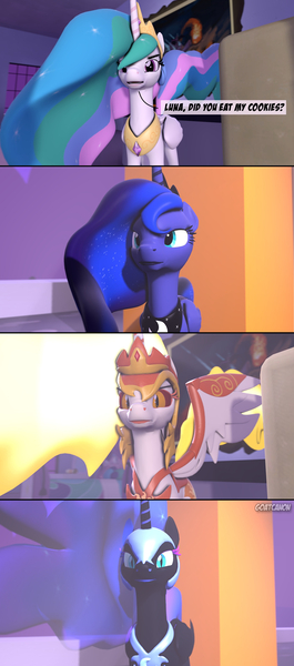 Size: 1920x4342 | Tagged: safe, artist:goatcanon, derpibooru import, daybreaker, nightmare moon, princess celestia, princess luna, alicorn, pony, a royal problem, 3d, absurd resolution, and that's how equestria was unmade, angry, armor, comic, cookie, cute, eye contact, female, food, frown, funny, glare, looking at each other, looking at you, mare, open mouth, royal sisters, smiling, smirk, source filmmaker, spread wings, wings