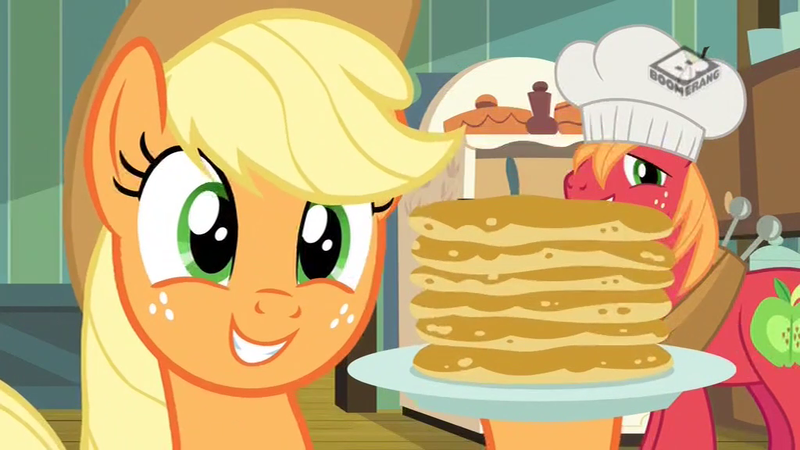 Size: 1024x576 | Tagged: safe, derpibooru import, screencap, applejack, big macintosh, pony, the perfect pear, boomerang (tv channel), chef's hat, food, hat, pancakes