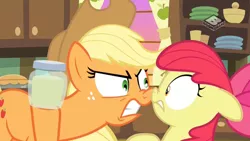 Size: 1024x576 | Tagged: safe, derpibooru import, screencap, apple bloom, applejack, pony, the perfect pear, boomerang (tv channel), pear jam