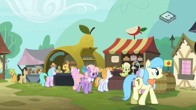 Size: 1024x576 | Tagged: safe, derpibooru import, screencap, grand pear, granny smith, earth pony, pony, the perfect pear, apple, bandana, boomerang (tv channel), female, food, male, mare, stallion, young granny smith, younger