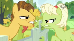 Size: 1024x576 | Tagged: safe, derpibooru import, screencap, cinnamon pear, cornice pear, goldie delicious, grand pear, granny smith, pony, the perfect pear, boomerang (tv channel), glare, gritted teeth, looking at each other, pear family member, shiny concorde, young grand pear, young granny smith, younger