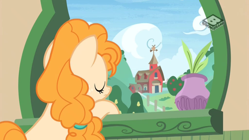 Size: 1024x576 | Tagged: safe, derpibooru import, screencap, pear butter, pony, the perfect pear, boomerang (tv channel), solo, sweet apple acres, window, you're in my head like a catchy song