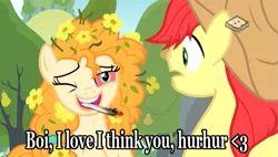 Size: 639x364 | Tagged: safe, derpibooru import, edit, edited screencap, screencap, bright mac, pear butter, pony, the perfect pear, 420, bloodshot eyes, boomerang (tv channel), cowboy hat, drugs, flower, flower in hair, hat, high, marijuana, stetson, stoned