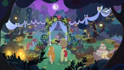 Size: 1024x576 | Tagged: safe, derpibooru import, screencap, bright mac, burnt oak, cup cake, mayor mare, pear butter, pony, the perfect pear, apple, apple tree, boomerang (tv channel), brightbutter, chiffon swirl, female, male, mare in the moon, marriage, moon, night, non-dyed mayor, pear tree, shipping, straight, tree, wedding, younger