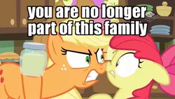 Size: 1024x576 | Tagged: safe, derpibooru import, edit, edited screencap, screencap, apple bloom, applejack, earth pony, pony, the perfect pear, angry, apple sisters, applejerk, boomerang (tv channel), caption, dishonorapple, disowned, female, filly, foal, food, image macro, mare, meme, pear, pear jam, shunning, siblings, sisters, text, that pony sure does hate pears