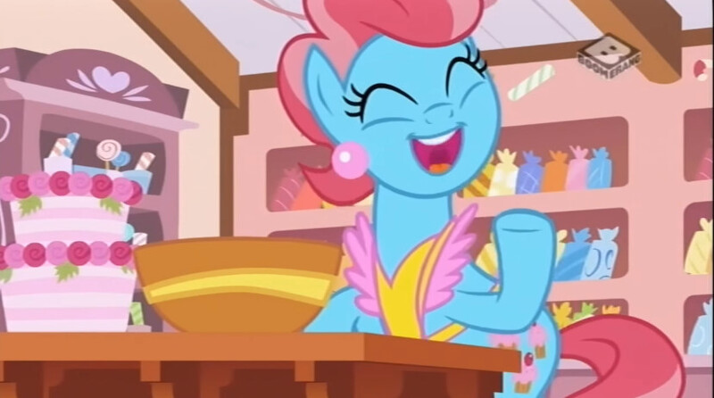 Size: 829x462 | Tagged: safe, derpibooru import, screencap, cup cake, earth pony, pony, the perfect pear, boomerang (tv channel), bowl, cake, cute, cute cake, eyes closed, female, food, happy, mare, open mouth, smiling, solo, sugarcube corner