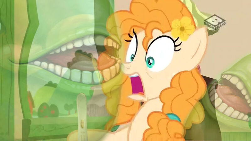 Size: 1024x576 | Tagged: safe, derpibooru import, edit, edited screencap, screencap, pear butter, pony, the perfect pear, biting pear of salamanca, boomerang (tv channel), pregnancy test, shocked, wat