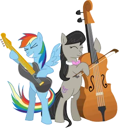 Size: 2438x2625 | Tagged: safe, artist:quadren4, derpibooru import, octavia melody, rainbow dash, pony, bipedal, bow (instrument), cello, guitar, musical instrument, simple background, transparent background, vector