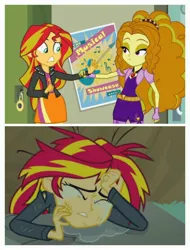 Size: 3106x4096 | Tagged: safe, derpibooru import, edit, edited screencap, screencap, adagio dazzle, sunset shimmer, equestria girls, equestria girls (movie), rainbow rocks, absurd resolution, clothes, comic, fingerless gloves, gloves, headband, jacket, jewelry, leather jacket, pendant, poster, screencap comic, skirt, spikes