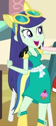 Size: 357x796 | Tagged: safe, derpibooru import, screencap, blueberry cake, equestria girls, equestria girls (movie), cropped, cupcake, food, glasses, helping twilight win the crown, open mouth, pony ears, ponytail