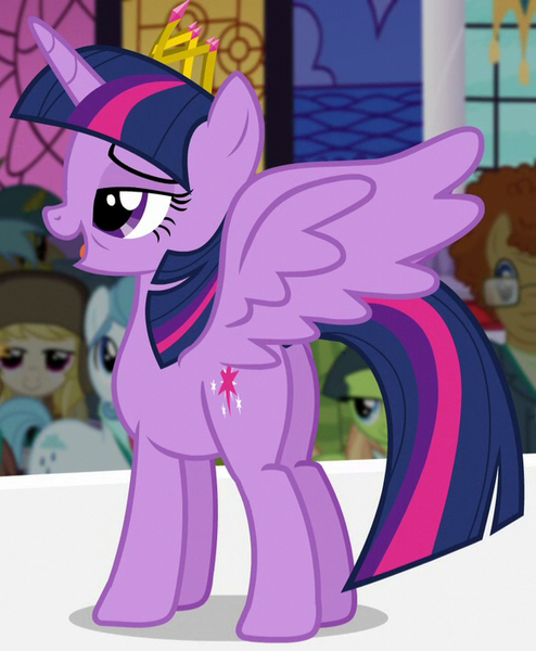 Size: 585x710 | Tagged: safe, derpibooru import, screencap, march gustysnows, twilight sparkle, twilight sparkle (alicorn), alicorn, pony, princess spike (episode), butt, cropped, crown, female, glasses, hat, jewelry, lidded eyes, mare, open mouth, plot, regalia, solo focus, spread wings, tired, wings