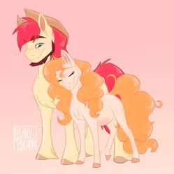 Size: 950x954 | Tagged: safe, artist:legally-psychotic, derpibooru import, bright mac, pear butter, pony, the perfect pear, applejack's parents, beard, brightbutter, facial hair, female, male, nuzzling, pregnant, shipping, signature, simple background, straight