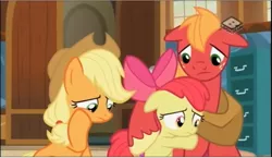 Size: 837x484 | Tagged: safe, derpibooru import, screencap, apple bloom, applejack, big macintosh, earth pony, pony, the perfect pear, boomerang (tv channel), floppy ears, hoof on chin, hug, sad, town hall