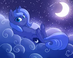 Size: 1920x1536 | Tagged: safe, artist:dsp2003, derpibooru import, princess luna, alicorn, pony, belly button, cloud, crescent moon, cute, female, filly, frog (hoof), looking at you, lunabetes, moon, night, smug, solo, starry sky, stars, underhoof, woona, younger