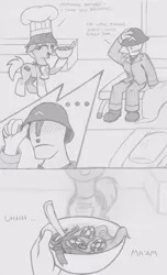 Size: 915x1501 | Tagged: safe, artist:lockerobster, derpibooru import, oc, oc:anon, ponified, ponified:sgt. reckless, unofficial characters only, pony, apron, chef's hat, clothes, comic, hat, helmet, monochrome, poker chips, warpone