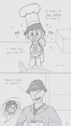 Size: 919x1615 | Tagged: safe, artist:lockerobster, derpibooru import, oc, oc:anon, ponified, ponified:sgt. reckless, unofficial characters only, pony, apron, chef's hat, clothes, comic, female, floppy ears, hat, helmet, korean, mare, monochrome, traditional art, warpone