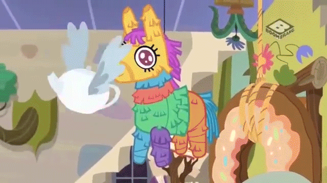 Size: 640x360 | Tagged: safe, derpibooru import, screencap, pony, discordant harmony, animated, gif, ginseng teabags, piñata, sneezing, teapot, winged teapot