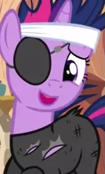 Size: 375x621 | Tagged: bandage, catsuit, derpibooru import, edit, eyepatch, future twilight, inverted mouth, inverted rips, it's about time, safe, screencap, twilight sparkle