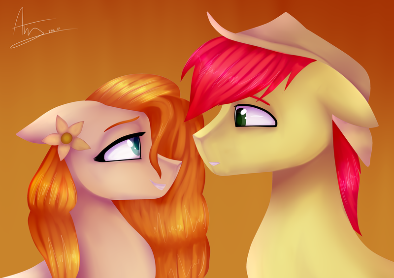 Size: 5905x4169 | Tagged: safe, artist:amyszek, artist:amyx33pl, derpibooru import, bright mac, pear butter, pony, the perfect pear, absurd resolution, applejack's parents, brightbutter, cowboy hat, eye contact, female, floppy ears, gradient background, hat, husband and wife, looking at each other, male, mare, shipping, stallion, stetson, straight