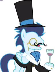 Size: 1300x1697 | Tagged: safe, artist:xebck, derpibooru import, edit, soarin', pegasus, pony, classy, clothes, cropped, eyes closed, facial hair, glass, hat, lightly watermarked, male, monocle, moustache, open mouth, simple background, solo, stallion, suit, top hat, transparent background, vector, watermark, wine glass