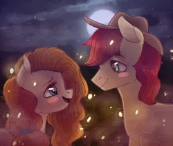 Size: 1984x1680 | Tagged: safe, artist:jeffapegas, derpibooru import, bright mac, pear butter, earth pony, firefly (insect), insect, pony, the perfect pear, blushing, brightbutter, eye contact, female, heart eyes, looking at each other, male, mare, moon, night, profile, shipping, smiling, stallion, straight, wingding eyes