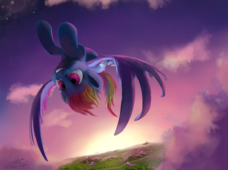 Size: 1775x1325 | Tagged: safe, artist:insanerobocat, derpibooru import, rainbow dash, pegasus, pony, backlighting, cloud, female, flying, mare, sky, smiling, solo, sunrise, twilight (astronomy), upside down